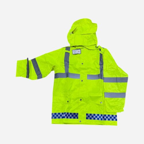 TRAJE IMPERMEABLE REFLECTIVO CHAQUETA Y PANTALON (VERDE FLUO CON FRANJA GRISES)